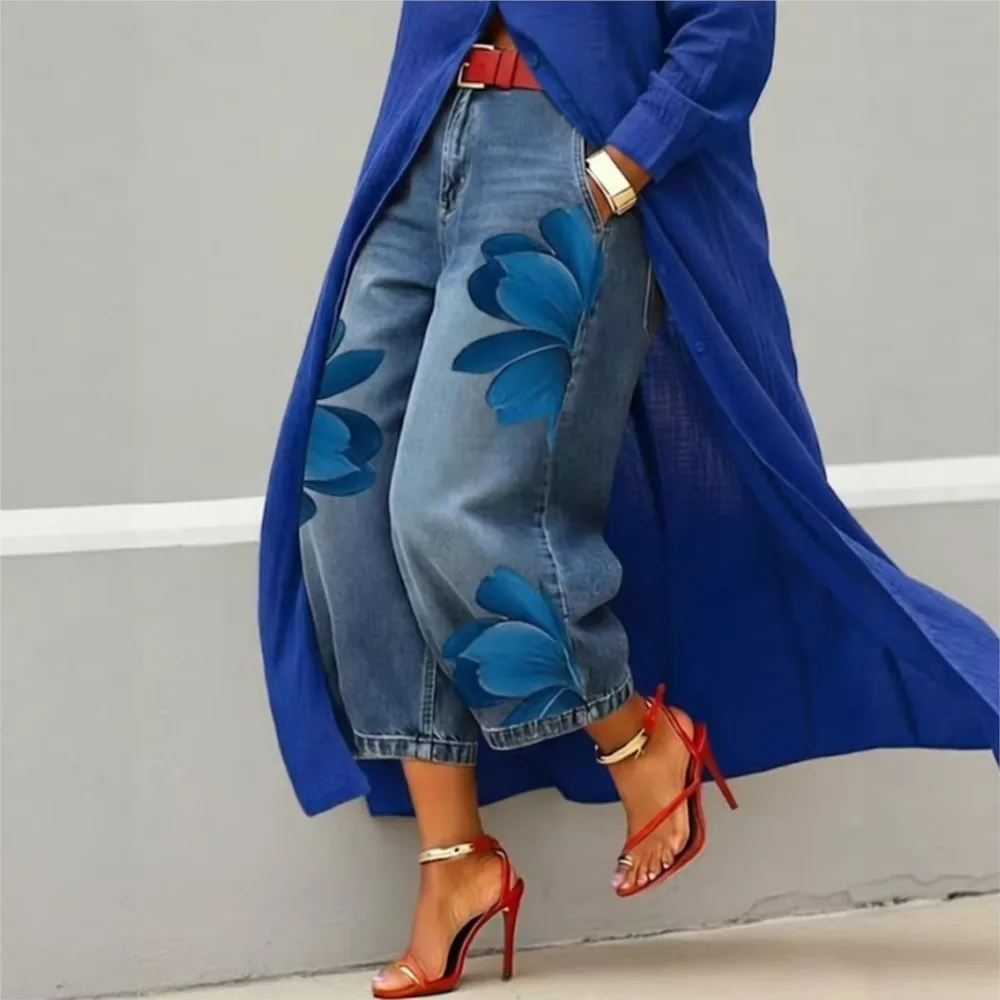 MsChuh Streetwear Women's Floral Print High Waist Jeans Loose Fit Cropped Wide Leg Denim Pants Casual Trendy Plus Size Trousers