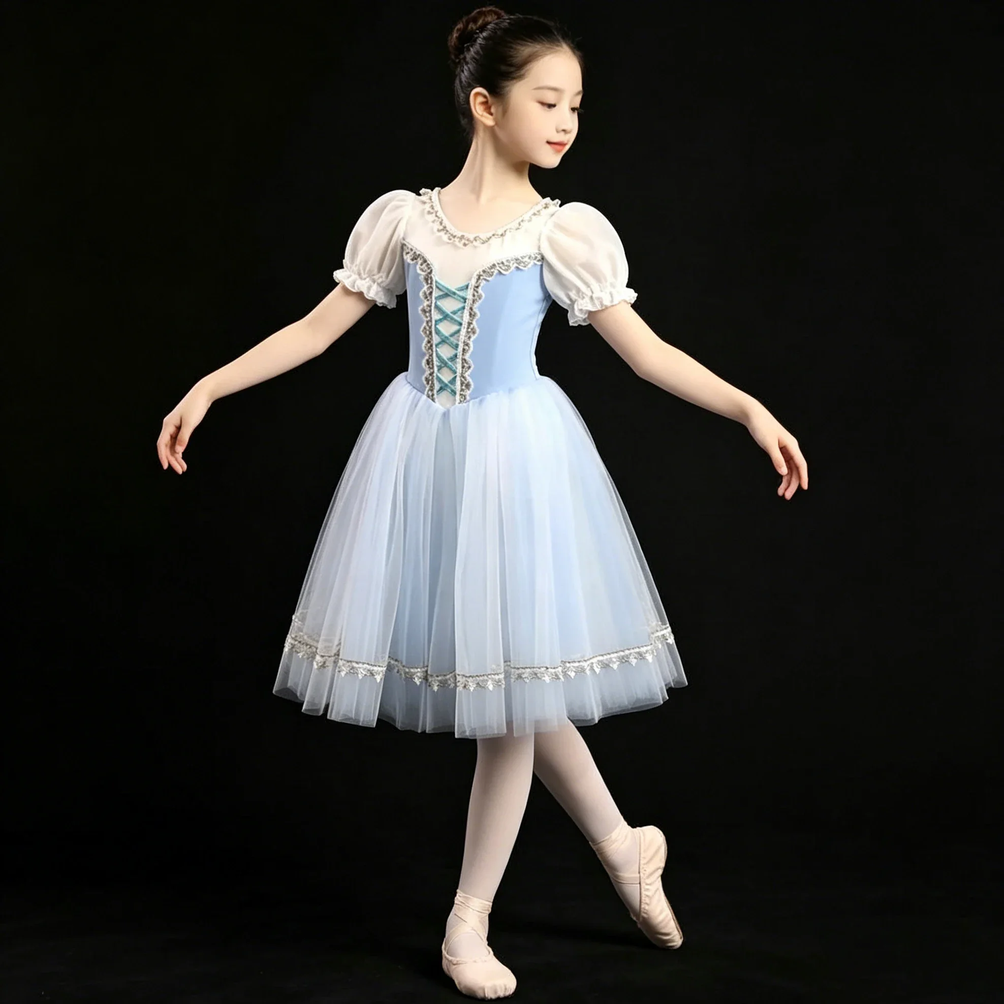 Professional Elegant Ballet Dress Puff Sleeve Ribbon Gauze Ballerina Performance accessories Children Girl Ballet Dance clothes