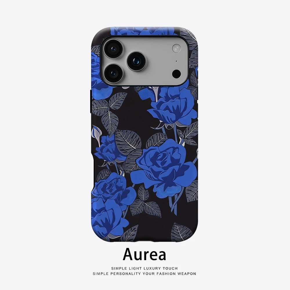 Coque Aurea antichoc mate avec support MagSafe pour iPhone 17 16 15 14 Plus 13 Pro Max, en PC rigide, motif rose bleu foncé