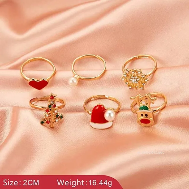 6pcs/set Christmas Rings Santa Claus Bells Snowflake Xmas Tree Rings Christmas New Year Jewelry Gifts Rings for Women Jewelry