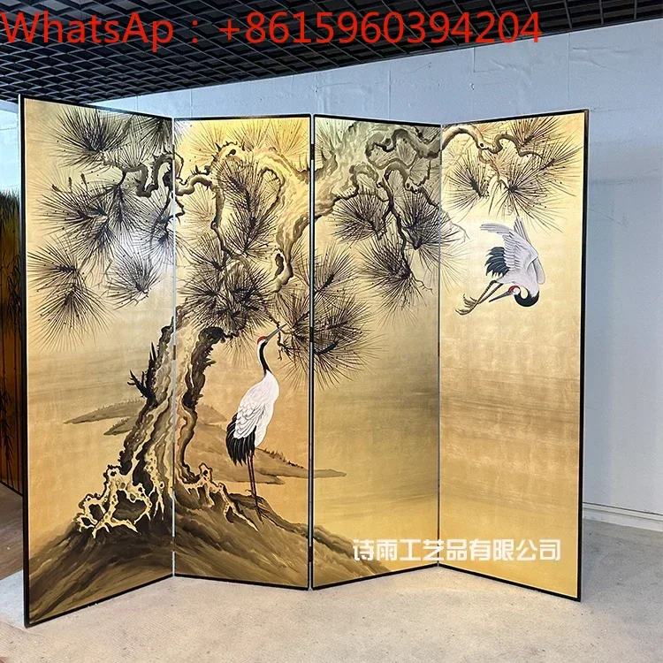 Custom folding screen partition hand-painted gold foil lacquer painting screen ancient pine Japanese style crane