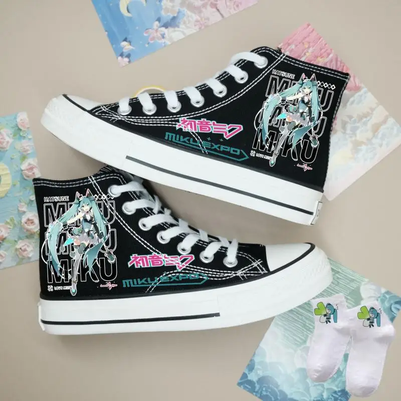 Kawaii hatsune miku primavera e outono novos sapatos de lona bonito dos desenhos animados masculino e feminino na moda alta superior sapatos casuais presente do feriado