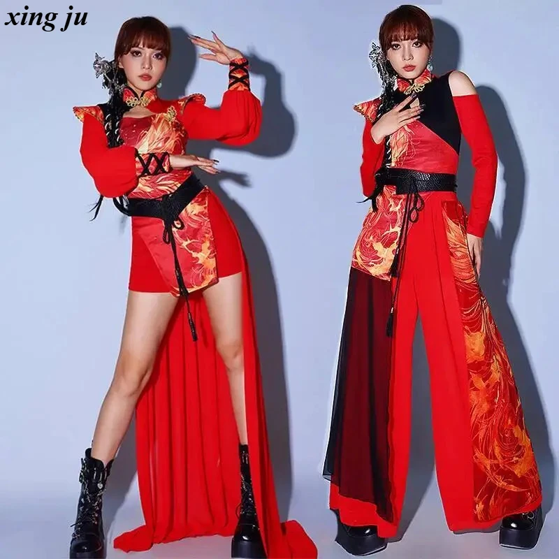 

Xing Ju Red Girl Group Jazz Dance Costume Street Hip Hop Performance Outfits Female Chinese Style Clothes Fashion Stage Costumes