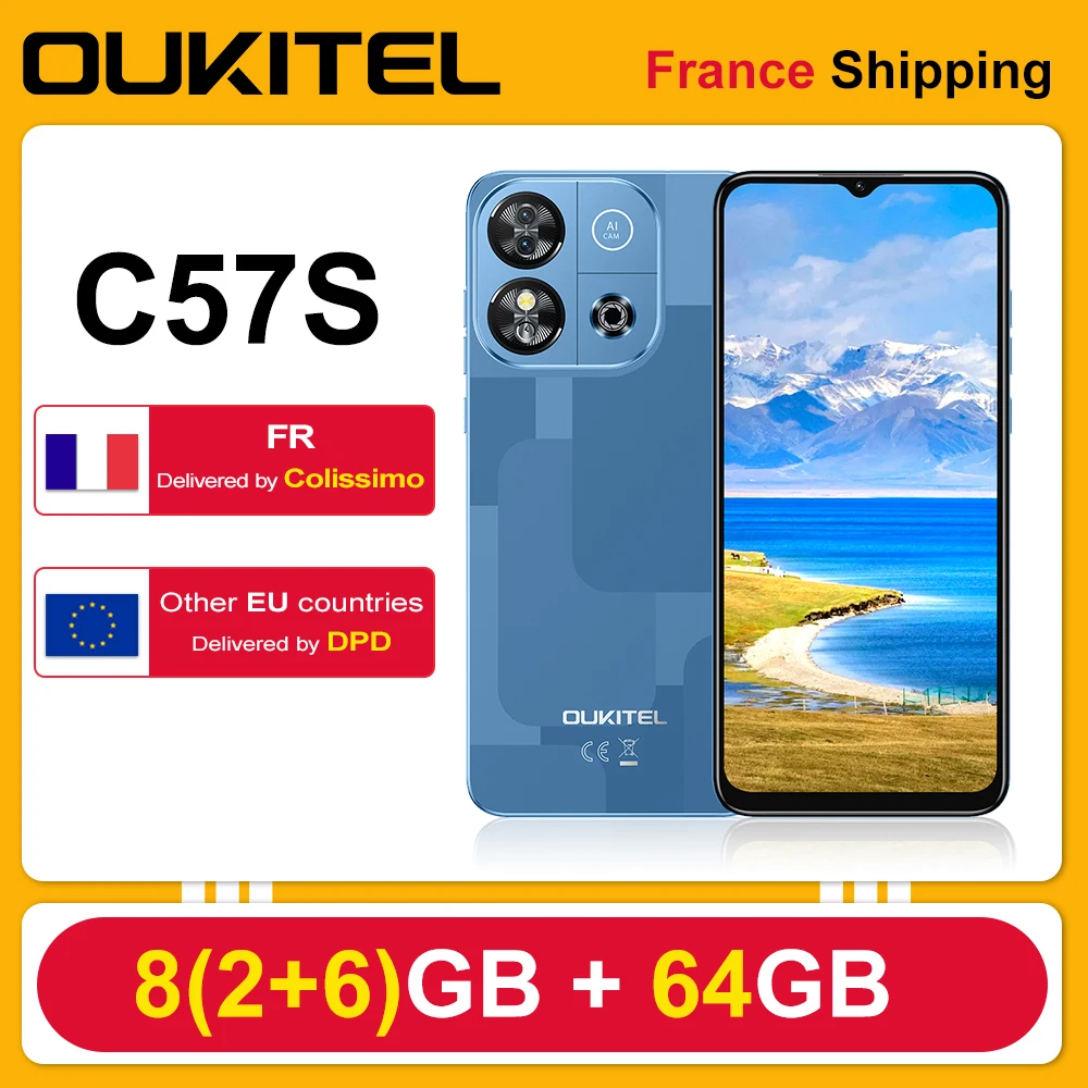 OUKITEL C57S Smartphone Android 14 8 Go (2 + 6) RAM 64 Go ROM Écran 6,52" 13MP 4300mAh Téléphone portable 4G double SIM