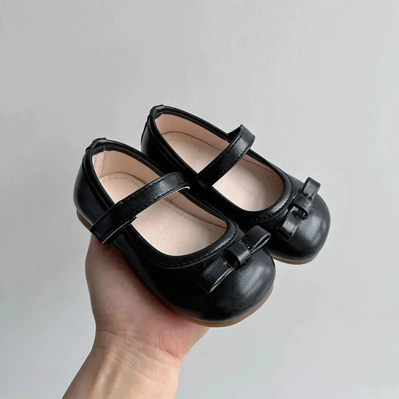

Children Spring Bow Princess Dance Shoes Soft Soled Single Shoes Flat Soled Leather Shoes Girls Solid Color Round Toe Velcro