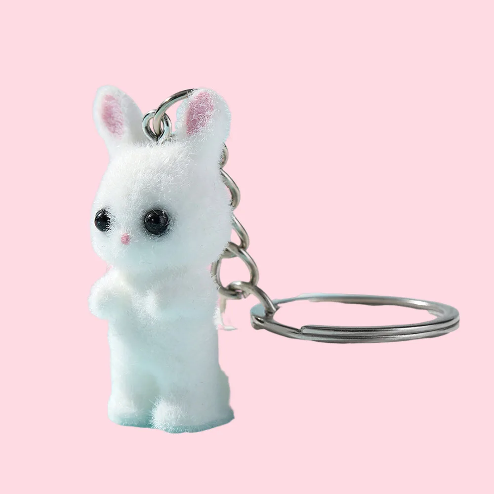 3D Cartoon Flocking Rabbit Keychain Cute Flocked Bunny Animal Keyring Backpack Charms Car Decor Bag Pendant DIY Accessories Gift