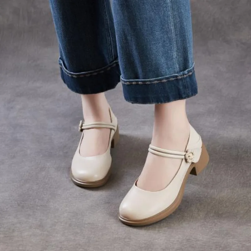 Women's Mary Jane Shoes 2026 Spring Summer Basic Leather Thick Heels Soft Comfortable Low Heel Shallow Pumps Woman