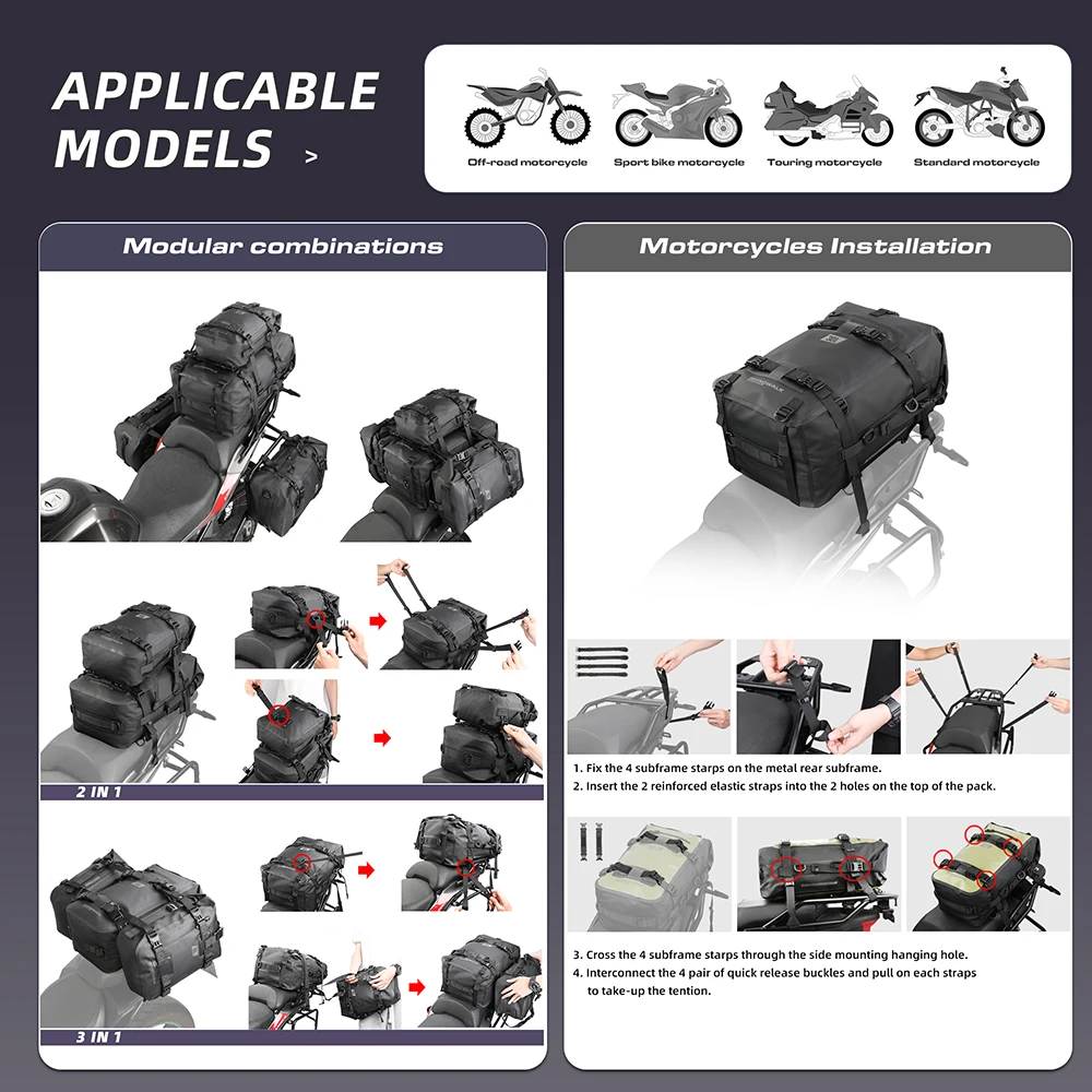 Rhinowalk Motorcycle Back Seat Bag Rainproof 8L/15L /30L Motor Saddle Pannier Bag Motorbike Tail Bag Outdoor Luggage Dry