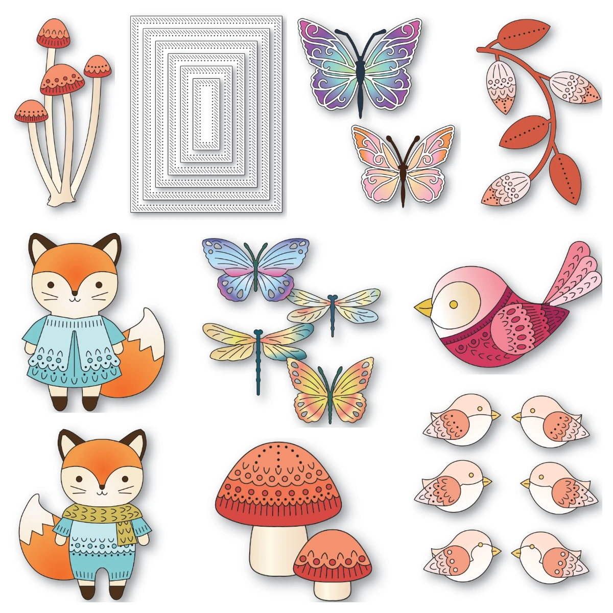 

Bundled Fox Mushrooms Butterflies Rectangle Frames Dies DIY Scrapbooking Diary Greeting Card 2025 New Metal Cutting Dies Making