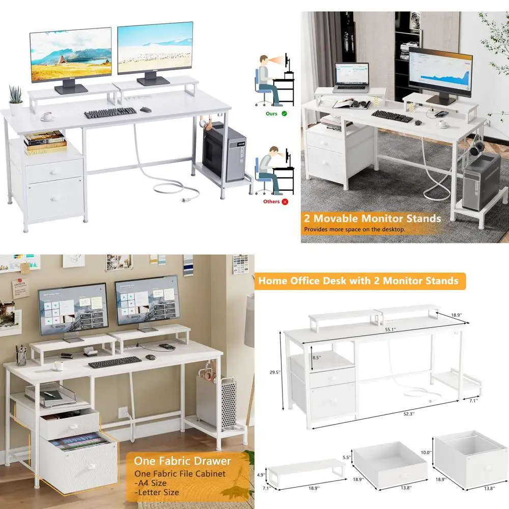 

Белый домашний офисный стол с 2 подставками для мониторов, тумбой для хранения, розетками и крючками для спальни или игровой комнаты