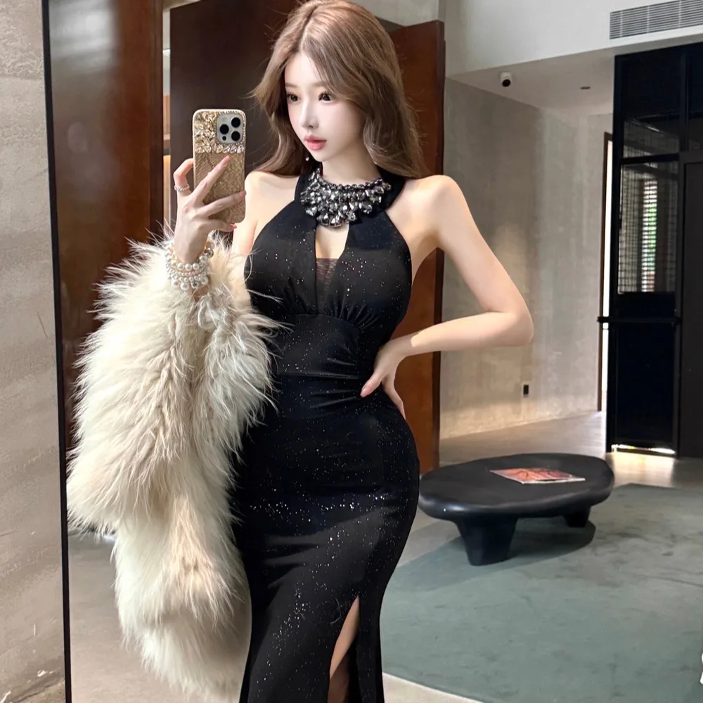 

Ele Spring 2026 Women's Slim Fit Gown Ne Hanging Bal Slit Dr High Waist Polyester Fiber Long Skirt H pe