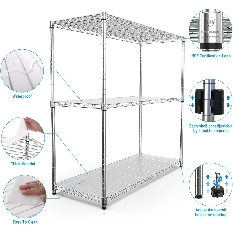 Pouseayar 3 ชั้น NSF Metal Shelving Grid Unit,ความจุ 1050 ปอนด์,Heavy Duty Adjustable Storage Rack พร้อมชั้นวาง