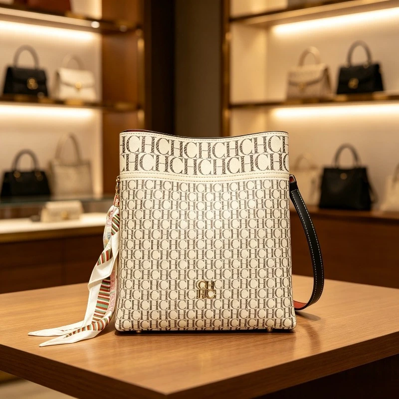 CHHC Women Bucket Bag New Crossbody Soft Leather Texture Fashion Letter Print Luxury Shoulder Bag Handbag