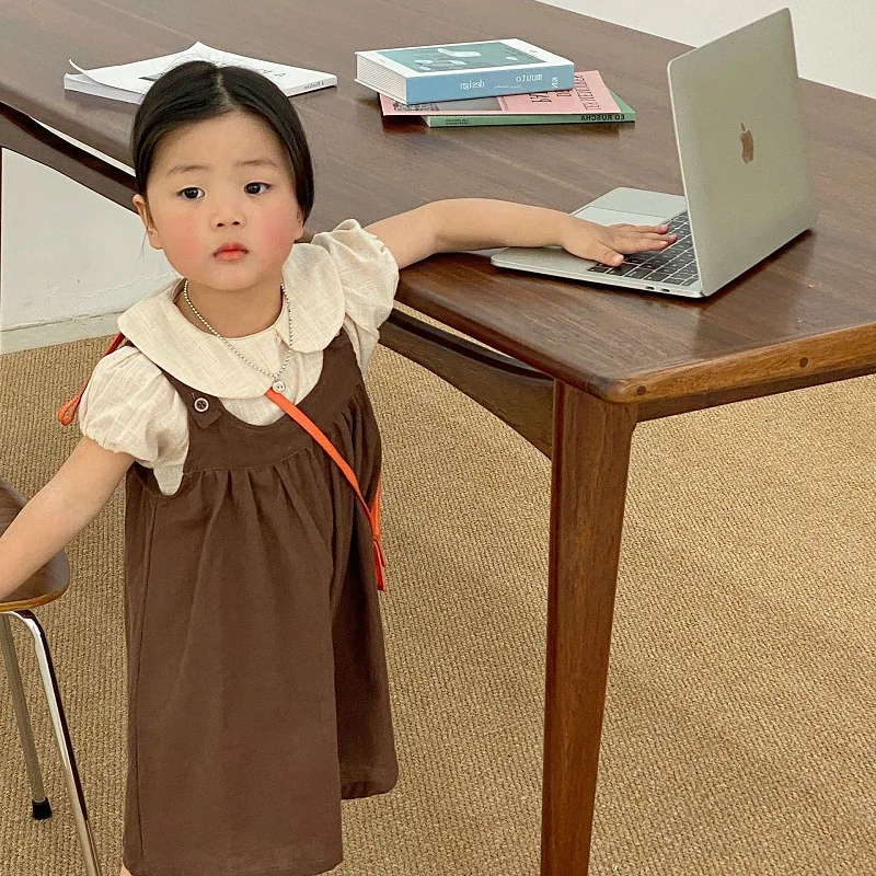 Girls' Suit Japanese Doll Collar Short-sleeved Shirt Plus Overalls 2025 Summer New Children's Clothing 3-8 Years