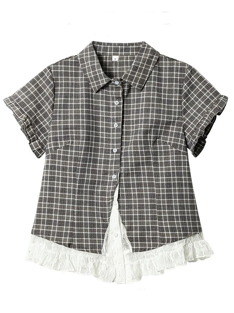 Lace Patchwork Plaid Shirt Women Summer Sweet Short Sleeve Vintage Blouse Slim Sweet Retro Japan Kawaii Female Cute Casual Tops image 2