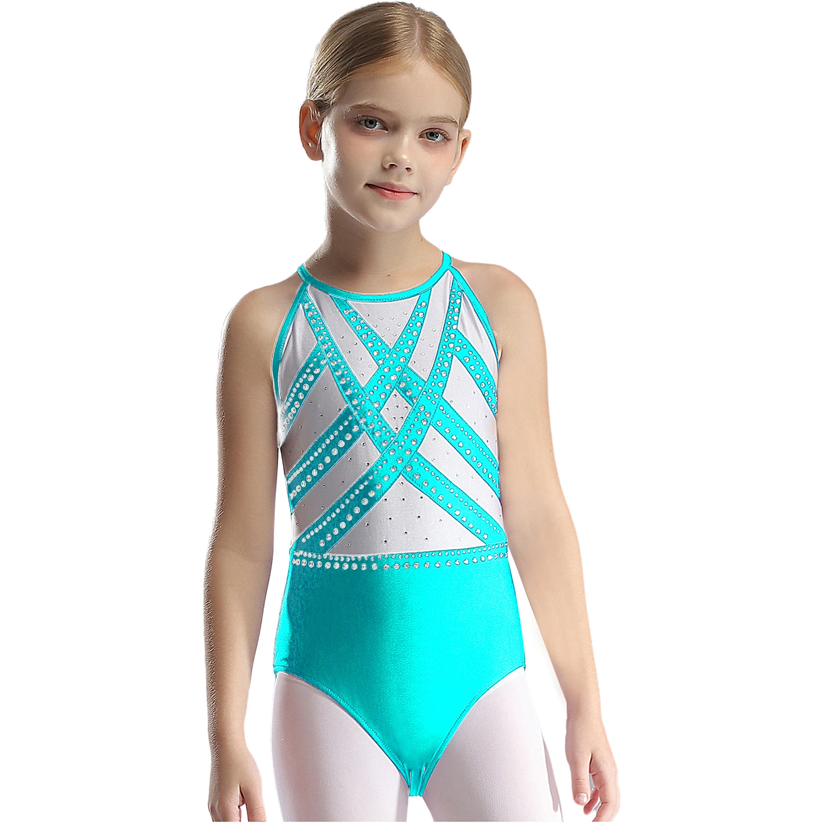 Kids Sleeveless Rhinestones Rhythmic Gymnastics Leotard for Girls Children Keyhole Back Figure Skating Bodysuit Dance Costume