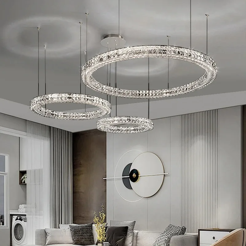 

Modern Luxury Living Room 3-Sides Crystal Led Dimmable Chandelier Lustre Chrome Steel Clear K9 Crystal Chandelier Lighting Lamps