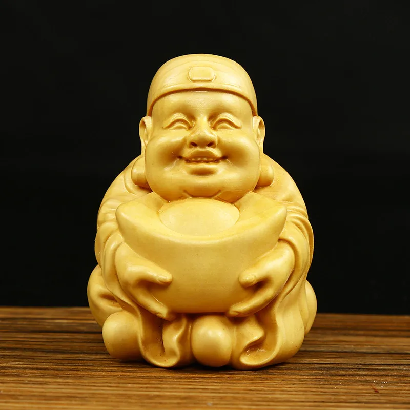 

4.2*4.5*5.9cm Handmade Boxwood Carving Chinese Fengshui Wealth Figurine Golden Ingot Home Putting Ornaments