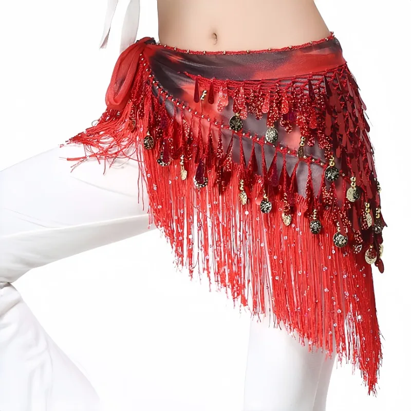 1 SZT. Cekinowa Frędzla Łańcuszek do Tańca Latynoamerykańskiego Pas Biodrowy na Imprezę Występ Dekoracja - Poliestrowy Trójkątny Łańcuszek na Pas z Monetami i Frędzlami