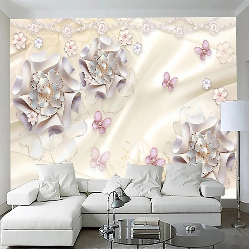 

Custom Size Mural Wallpaper 3D Luxury Pink Jewelry Flowers Butterfly Fresco Living Room Bedroom Backdrop Wall Home Decor Poster