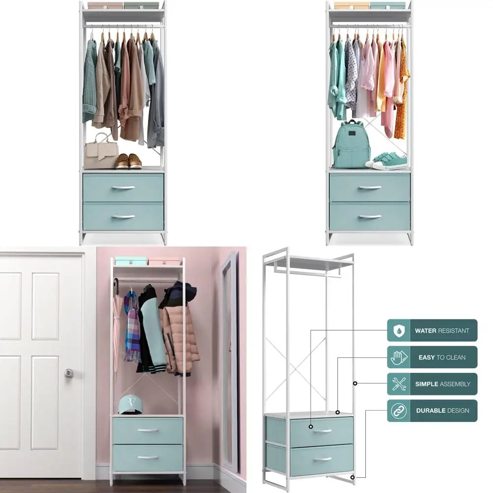 

Heavy-Duty Metal Frame Wardrobe Closet with Wooden Top and Drawers - 70 Inch Tall Garment Rack for Premium Clothing Storage