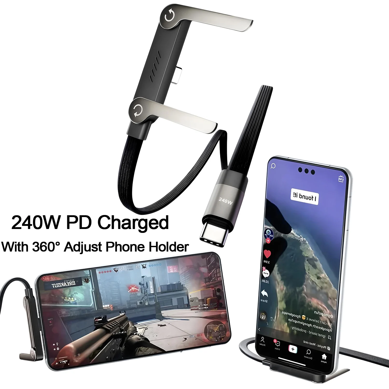 240 W Schnellladung, faltbarer Telefonhalter, Datenkabel, Schnellladekabel, Telefon, Tablet, faltbarer Halter, 2-in-1 PD-zu-Typ-C-Kabel