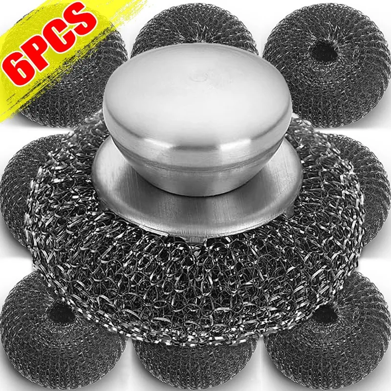 1-6Pcs Wire Ball Dish Brush Stainless Steel Pot Wire Scrubbers Ergonomic Short Handle Home Kitchen Tableware Cleaning Supplies