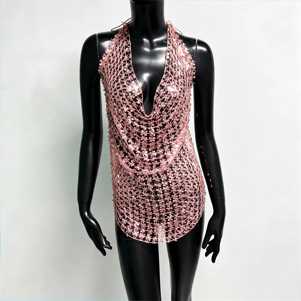 Damen Glänzendes Acryl-Pailletten-Top mit Ausschnitten, Sexy Tiefer V-Ausschnitt, Rückenfreies Neckholder-Oberteil, Durchsichtiges Strand-Party-Top – Detail 21