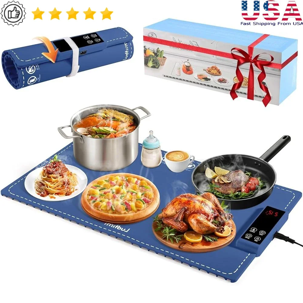 Portable Food Heating Mat Electric Warming Tray Graphene Aluminum Fast Heating 6 Temperatures 5 Timers Child Safety Lock