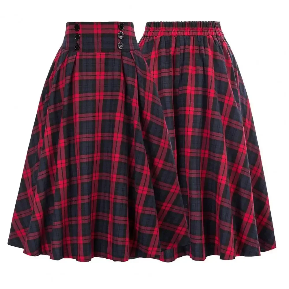 Femmes jupe une ligne jupe élégante taille haute dames robe ample jupe longue Vintage rouge noir femmes Tartan vérifier Plaid Ropa Mujer