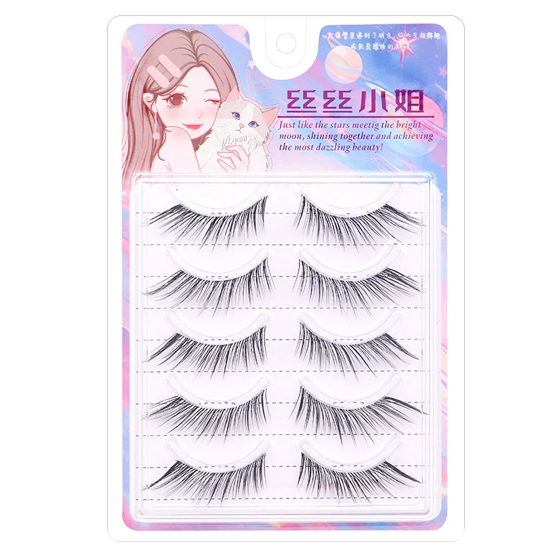 1 Juego de pestañas postizas de Anime, 5 pares de pestañas largas, maquillaje de día Natural, pestañas Manga, correa transparente, agrandar tus ojos