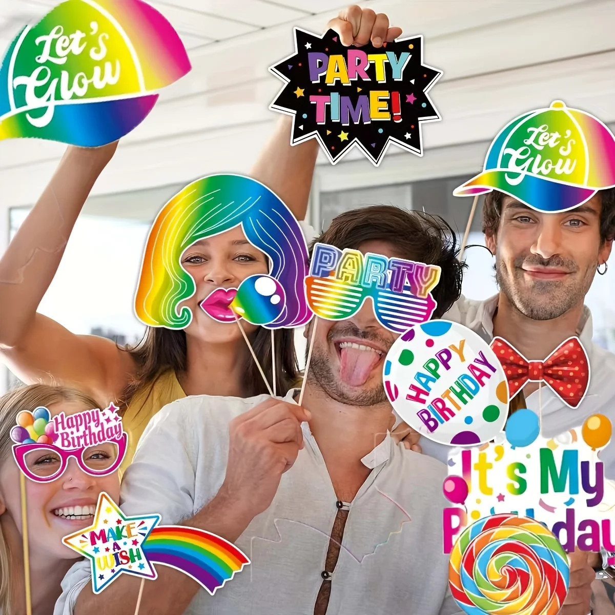 30 Stück Bunte Happy-Birthday Foto-Dekorationsrequisiten Lustige und Humorvolle Foto-Requisiten Regenbogen-Papiermasken Party-Zubehör