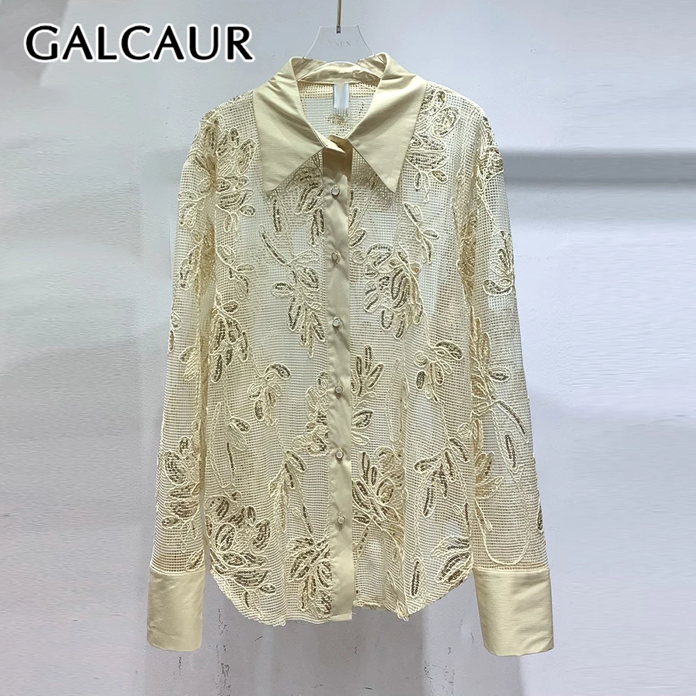 

GALCAUR Solid Spliced Sequins Retro Shirt Female Lapel Long Sleeve Loose Elegant Intellectual Women's Shirts Autumn Fashion New