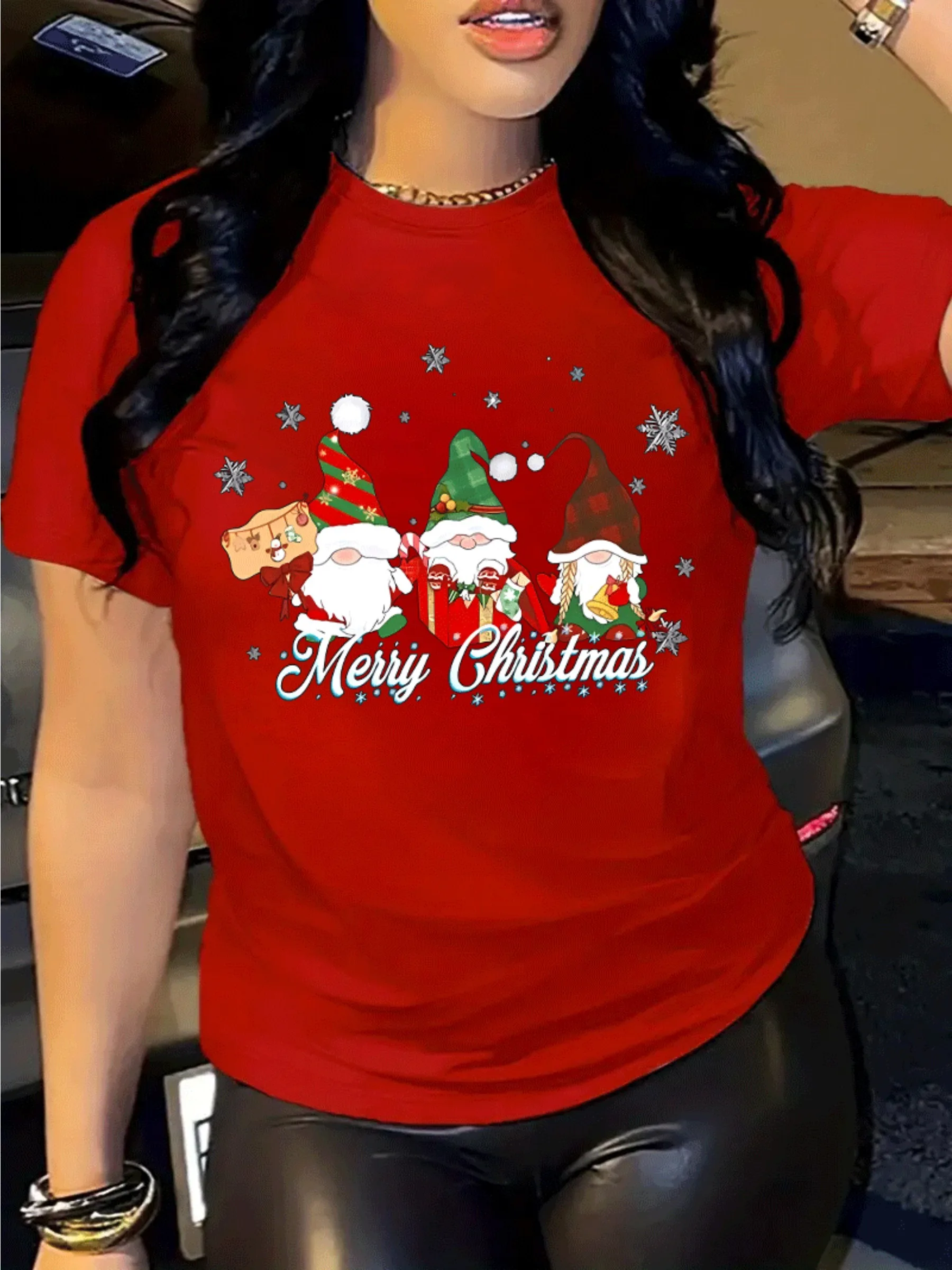 Women's Christmas Graphic Print Short Sleeve T-Shirt Casual Round Neck Tee with Santa Claus Snowflakes & Merry Christmas Design