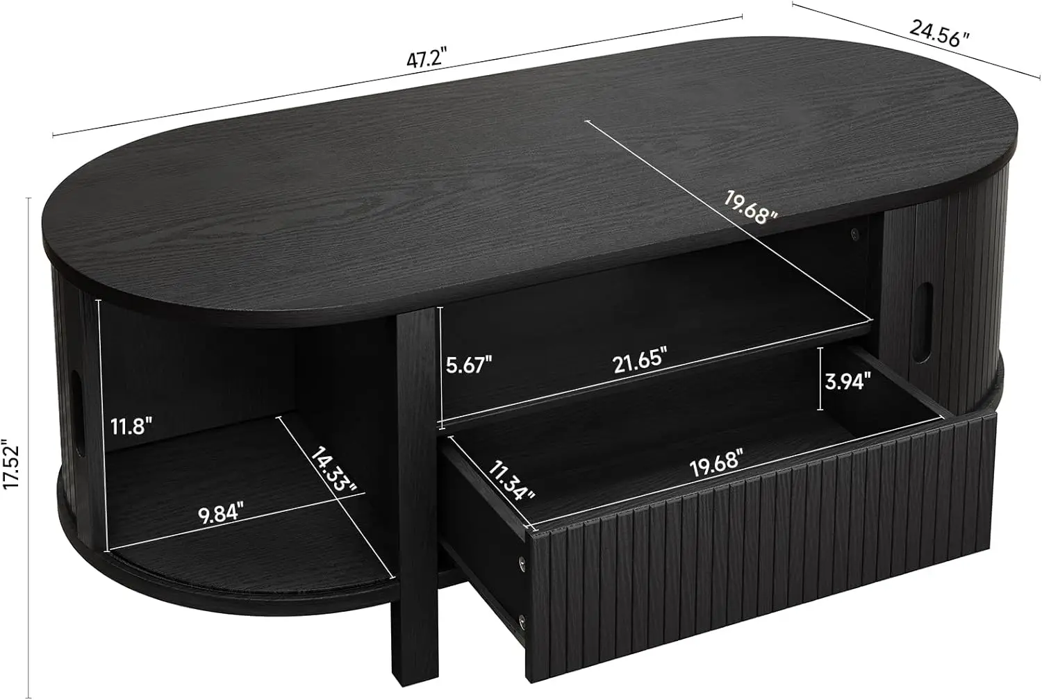 Mesa de centro oval de 47,2 polegadas com armazenamento, mesa de centro moderna de meados do século com gaveta, mesa central com porta deslizante e madeira F