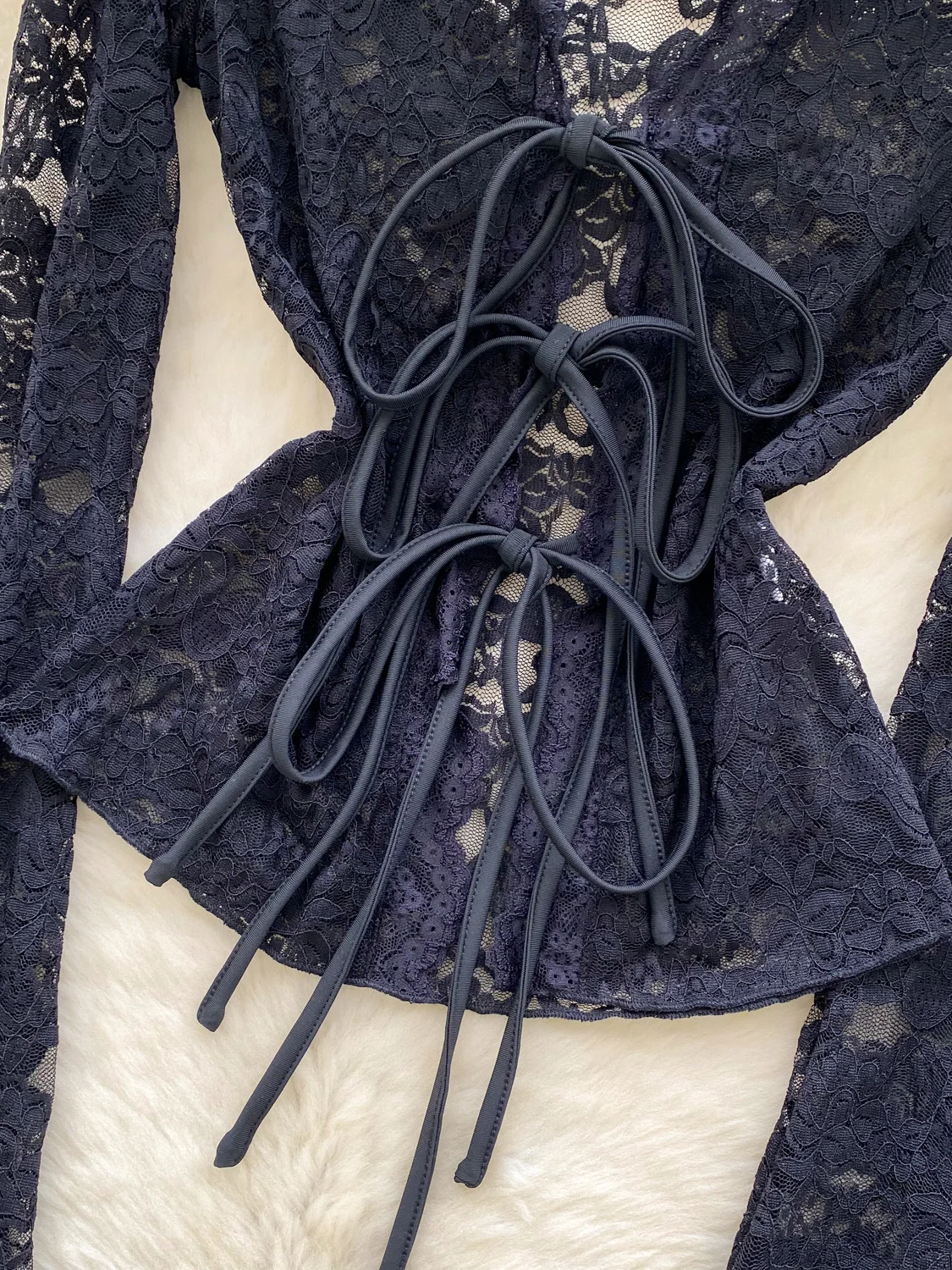 Women Black Gothic Lace Shirts Flare Sleeve Hollow Blouses Vintage Elegant 2000s Lace-up Long Sleeve Shirt Clothes Spring Autumn