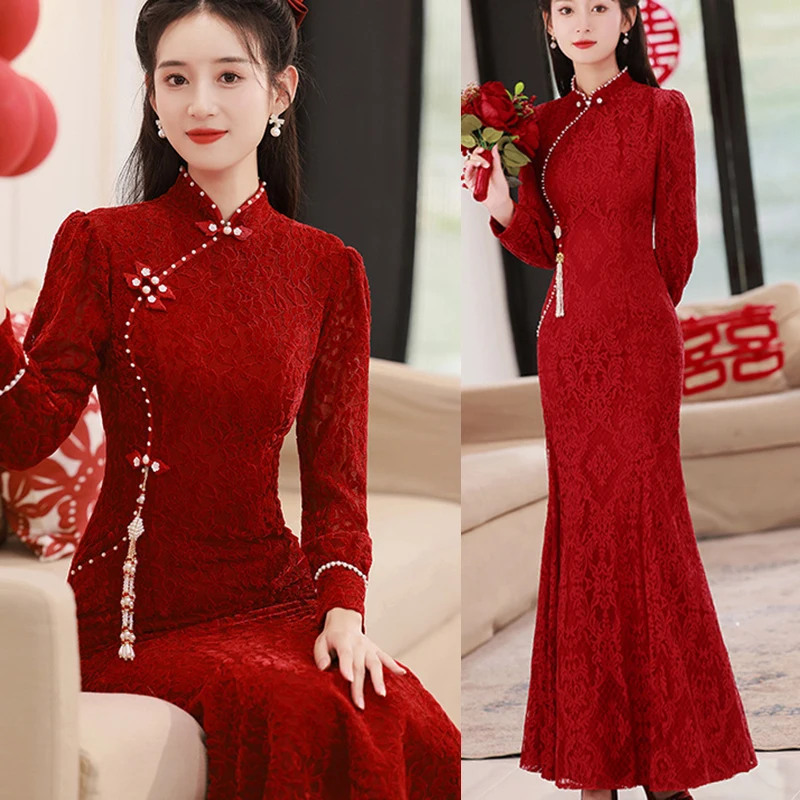 

Sexy Slim Mermaid Women Qipao Cheongsam Burgundy Lace Chinese Bride Wedding Dress Vintage Classic Banquet Dress Elegant Vestidos