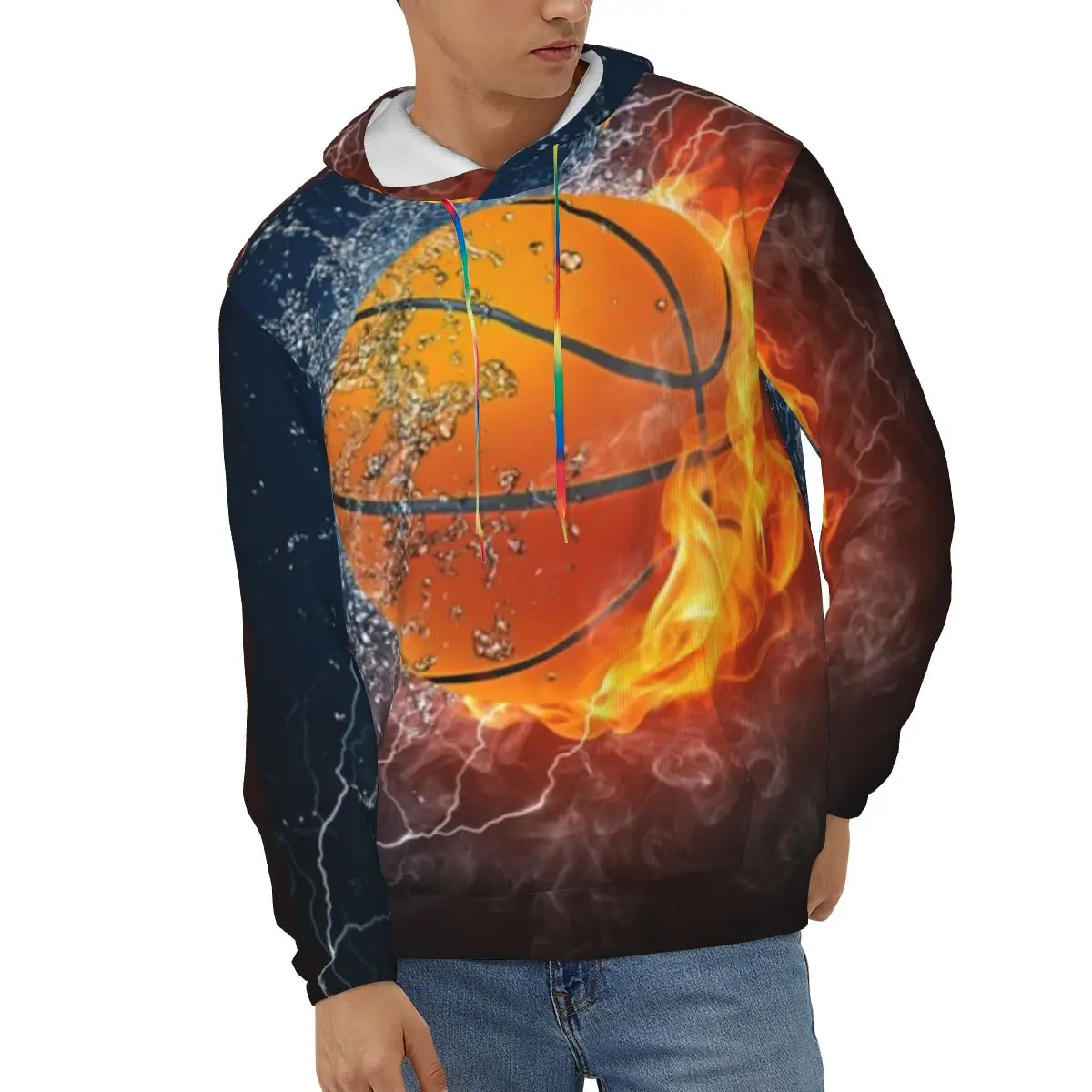 Basketball Ball On Fire And Water Men's Hoodies Spring Autumn Male Casual Hoodies Sweatshirt Tops