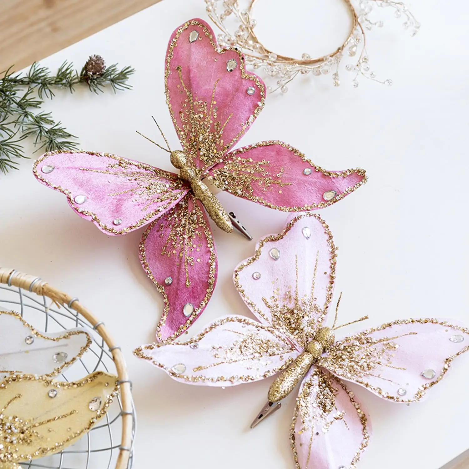 Pink Butterfly Clip Christmas Tree Decorations Artificial Butterfly Flower Ornaments for  Xmas New Year Christmas Tree Wreath