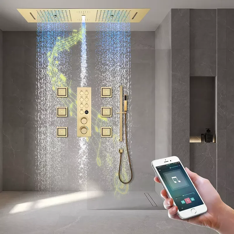 Ceiling Embedded 36*12inch Mist Rain and Waterfall Shower Led Head With Music Speaker Bathroom Thermostatic Shower Faucet