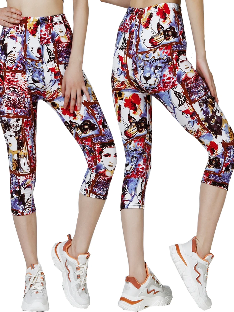 NDUCJSI Retro Printed Graffiti Pattern With Oversized Stretch Capris For Women's Outerwear Mid Waist  Sports Casual Wear