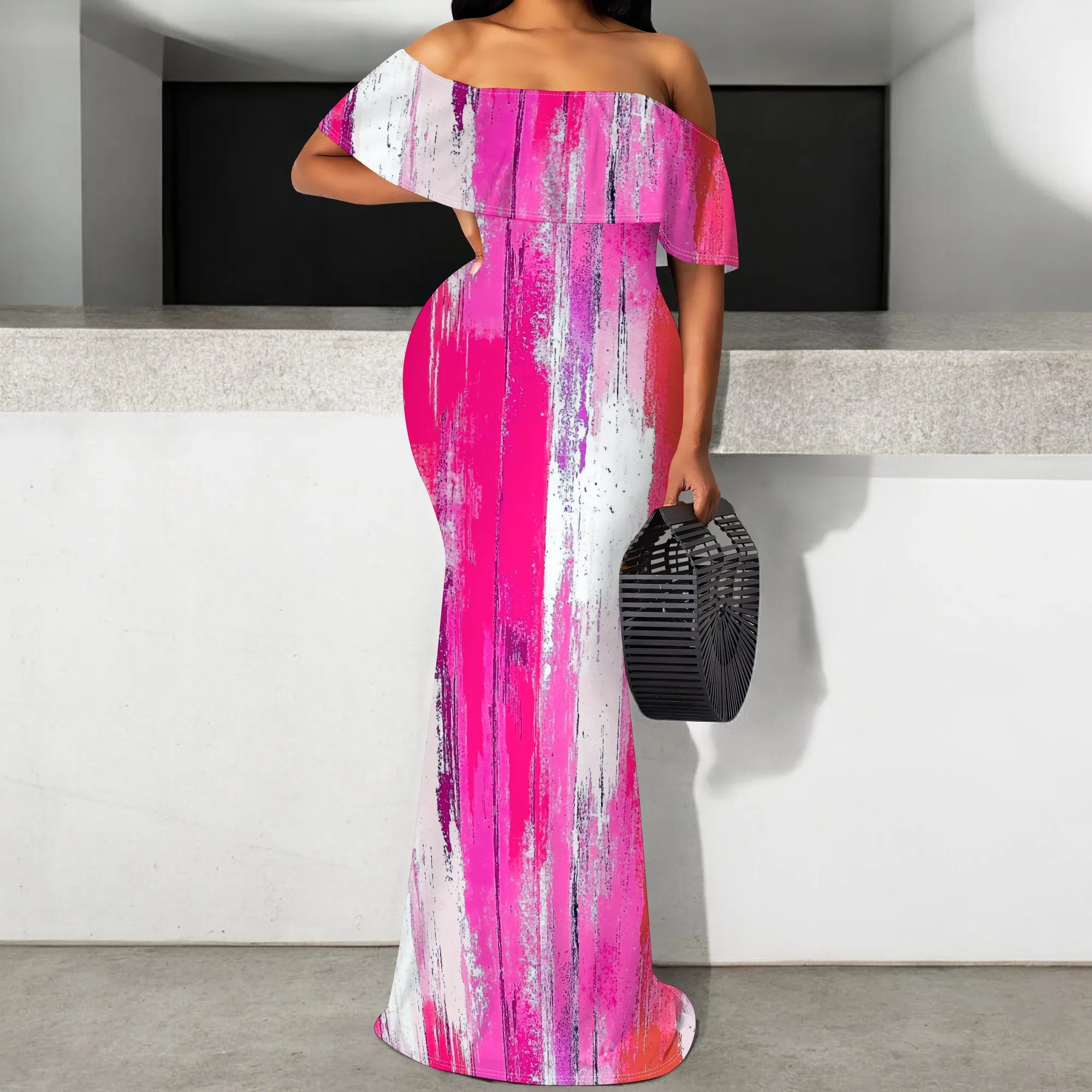 

Off Shoulder Pink Paint Maxi Dress S-3XL – Abstract Art Style Mermaid Fit for Summer Party