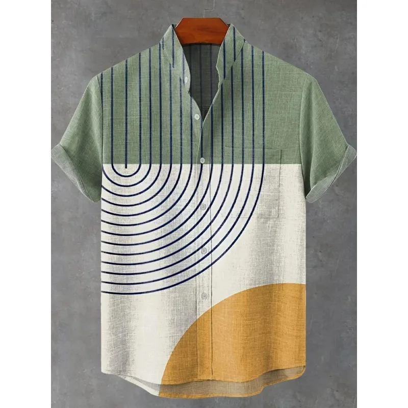

New men's artistic print, simple pattern, high-quality men's clothing, casual linen short-sleeved shirt, fast delivery