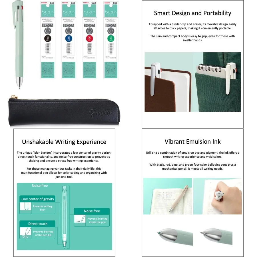 قلم ZEBRA Blen4+S أخضر نعناعي 0.7 مم متعدد الوظائف للاستخدام المكتبي والمدرسة مع 0.7 مم أسود/أزرق/أحمر/أخضر ميكانيكي 0.5 مم #1