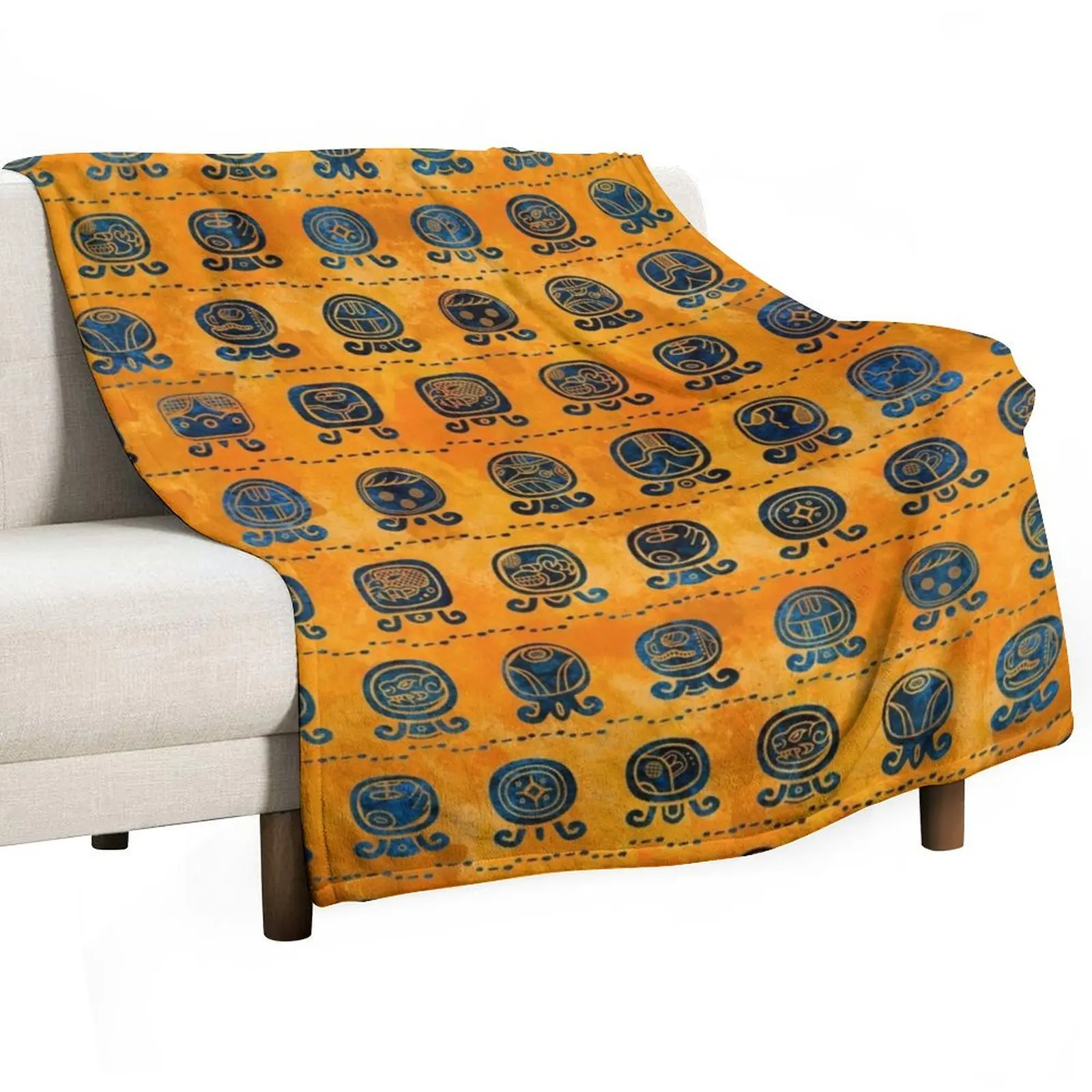 Maya Calendar Glyphs pattern orange and blue Throw Blanket for winter Decorative Sofa Travel Blankets