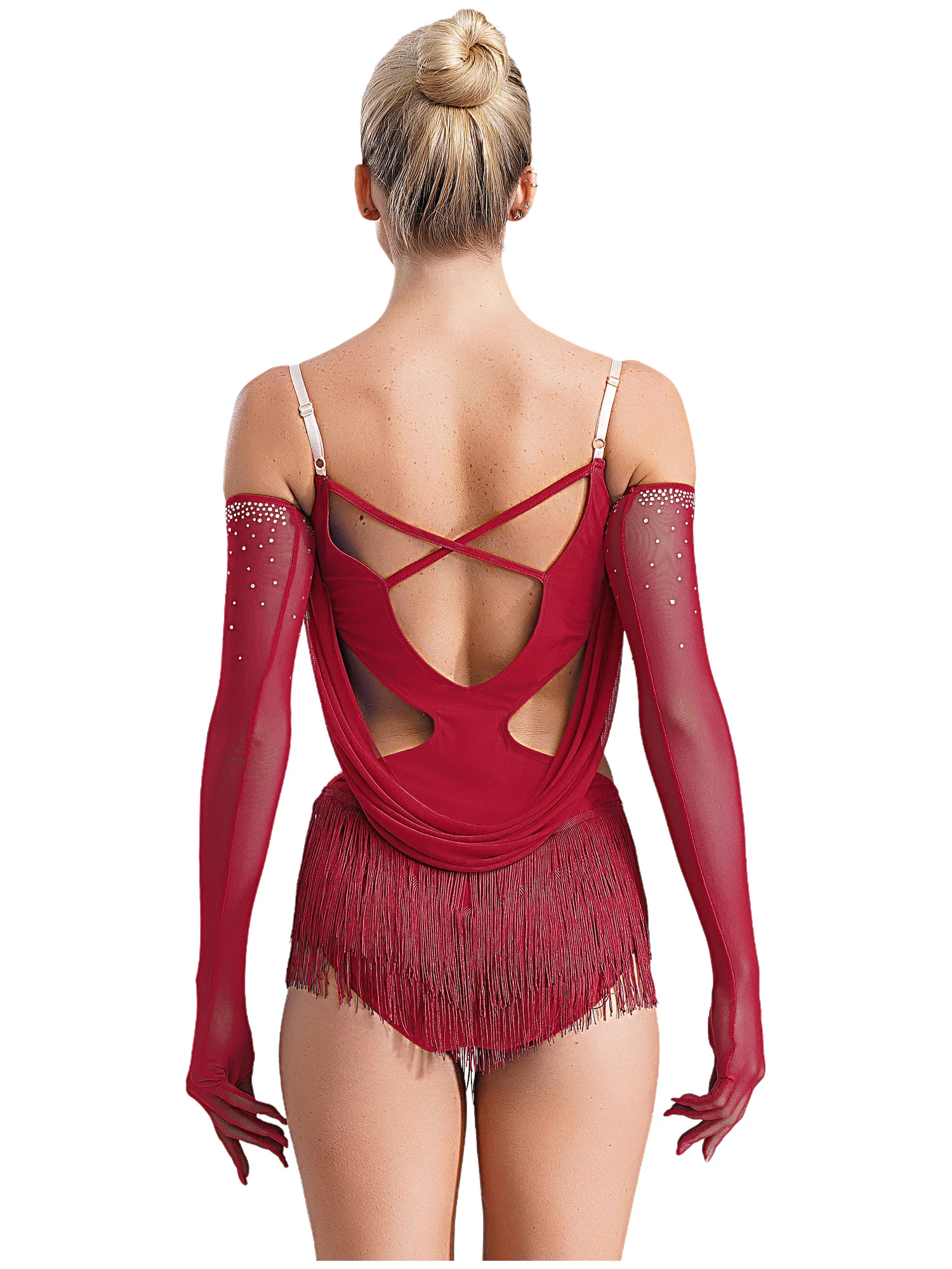 المرأة شرابة الجاز اللاتينية ملابس رقص الجمباز فستان لامع الراين مهدب ارتداءها الشكل التزلج الحديثة ملابس الرقص الغنائية