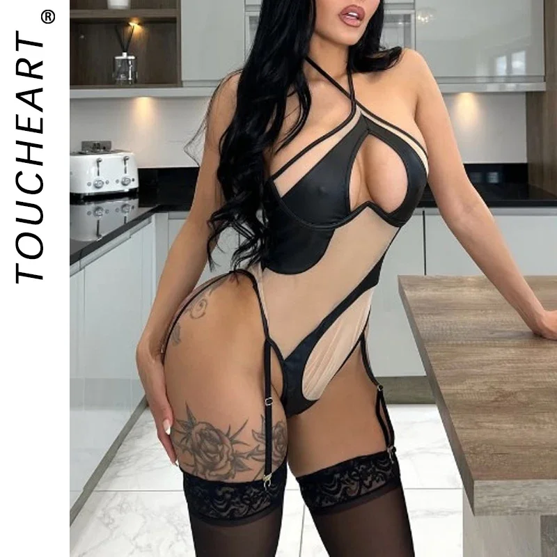 

Toucheart Sexy Adult Women's Onesie Sexy Mesh PU Leather Splicing Perspective Slim Neck Halter Jumpsuit Sexy Female Lingerie Set