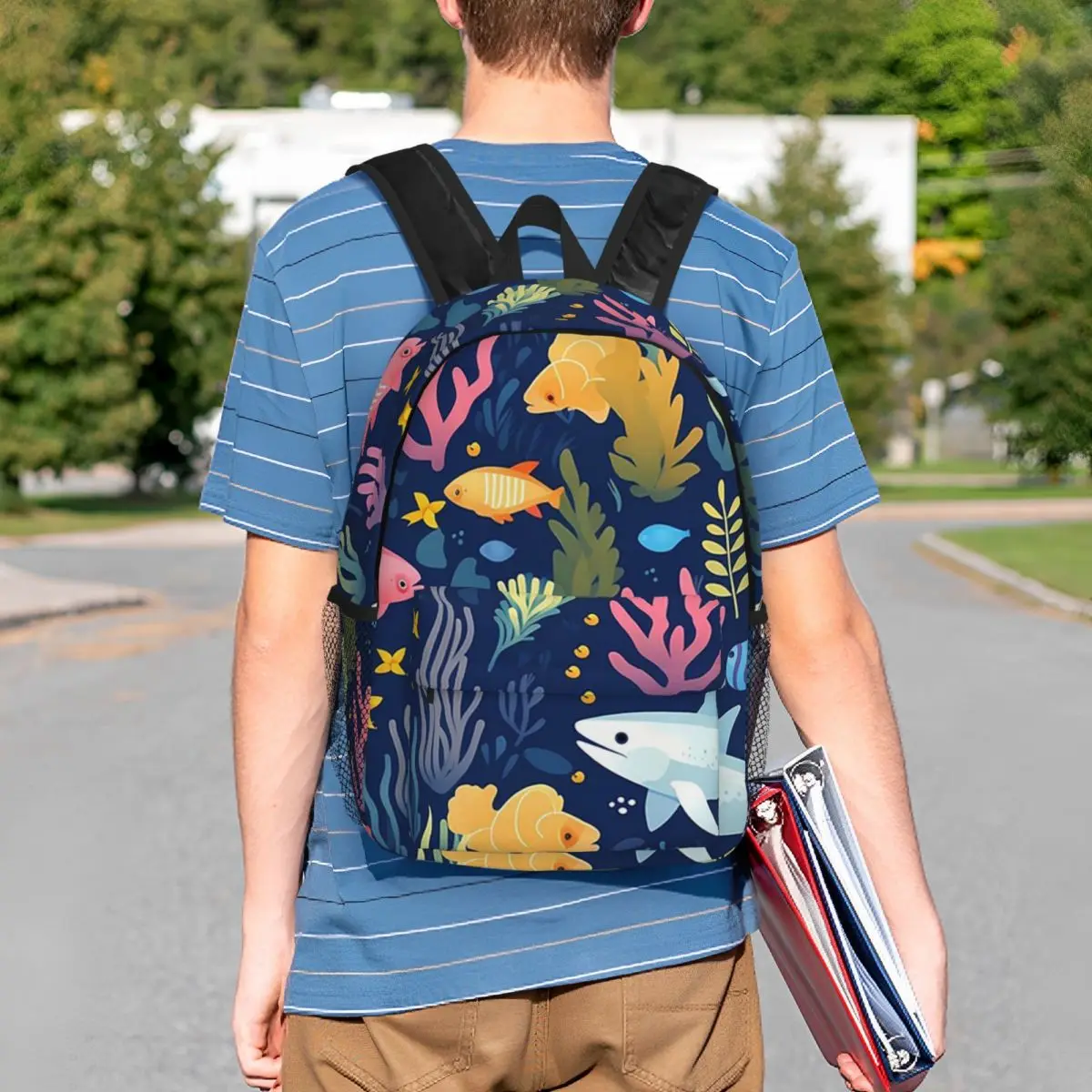 Cartoon Fish Shark And Aquatic Plants Backpack Student BookBag Children School Bag Laptop Shoulder Bags for Men Women
