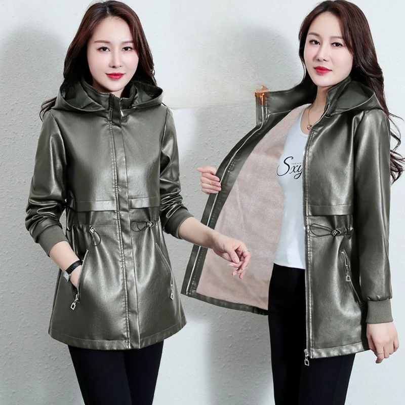 

2023 Autumn Winter New Women Leather Coat Mid-Length Large Size Warm Casual PU Leather Jacket Female Fashion Hooded Outwear