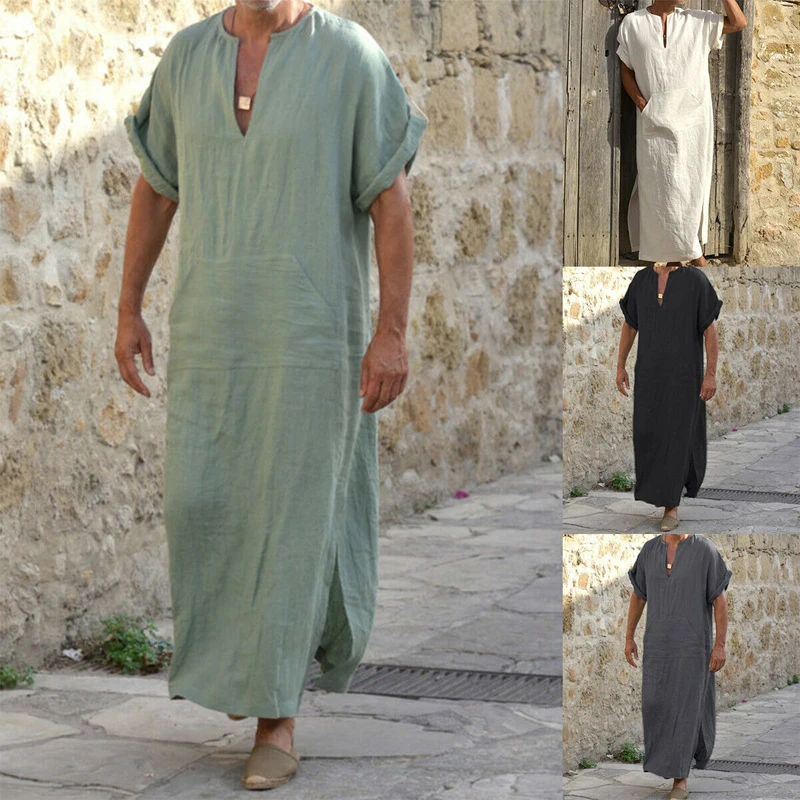 Mens Arab Muslim Long Robe Shirt Casual Loose Long Sleeves Male Pocket Kaftan Robe Cotton Linen Button Plain Robes Plus Size 5XL